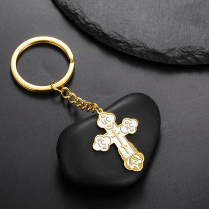 TEAMER Cross Keychain Russian Orthodox Crucifix Eastern Church Keychain Religious Christian Prayer Jewelry for Men Women - color: White Gold