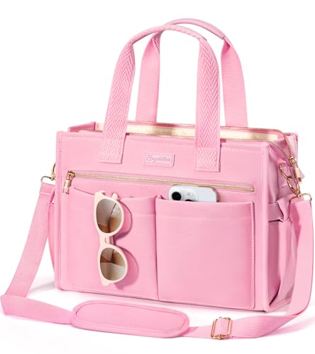 Canvas Tote Bag for Women, 15-Pockets Work Laptop Tote Purse Large Crossbody Nurse Teacher Bible Bag for School Travel Daily - color: M4.pink, size: Medium-14inch
