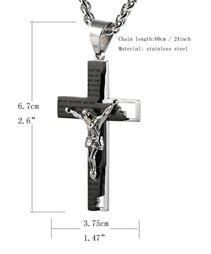 HZMAN Men's Stainless Steel Cross Crucifix Bible Prayer Pendant Necklace - color: Black
