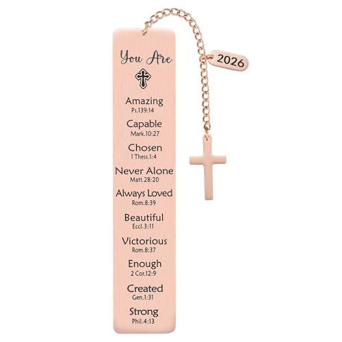 Christian Metal Bookmark with Bible Verses, Faith-Based Gift with 2026 Charm, Faith Affirmation Gift, Motivational Religious Scripture Reading Accessory for Women Men, Rose Gold - style: Rose Gold