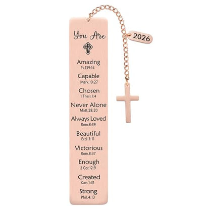 Christian Metal Bookmark with Bible Verses, Faith-Based Gift with 2026 Charm, Faith Affirmation Gift, Motivational Religious Scripture Reading Accessory for Women Men, Rose Gold - style: Rose Gold