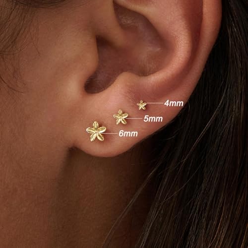 3 Pair Tiny Flat Back Earrings for Women - 14K Gold/White Gold Plated Dainty Cute Small Screw Flatback Stud Earring, Everyday Wear Gift - color: Gold-Flower Flat 4/5/6mm