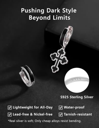 KRKC&CO Dangle Cross Earrings for Men, Sterling Silver Plated Black Drop - color: Silver-F