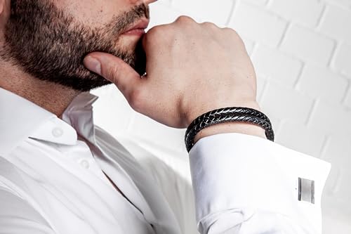 SERASAR Men's Leather Bracelet with Stainless Steel Magnetic Clasp - color: Silver, size: 23cm, style: Double