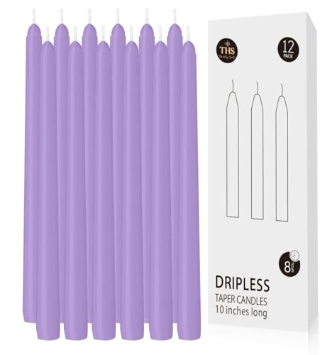 12-Pack Taper Candles (10-Inch) – Dripless & Smokeless Long Burning (8 Hours) – Unscented Hand Poured Wax Candlesticks for Weddings, Dinner Parties, & Home Decor (Purple) - color: Purple