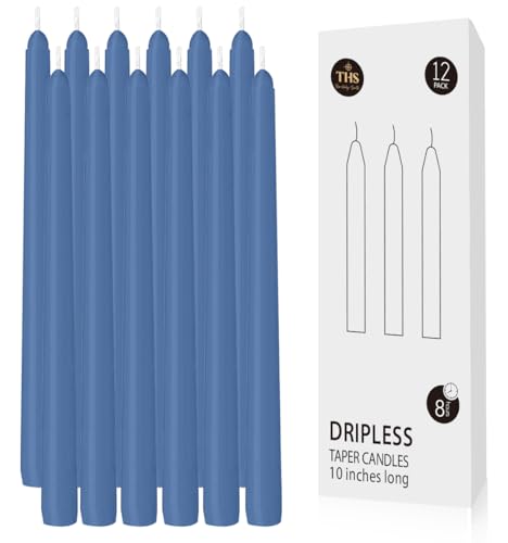 12-Pack Taper Candles (10-Inch) – Dripless & Smokeless Long Burning (8 Hours) – Unscented Hand Poured Wax Candlesticks for Weddings, Dinner Parties, & Home Decor (Blue) - color: Blue