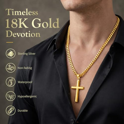 Sterling Silver Beveled Edge Cross Necklace for Men Women, S925 Cross Pendant with 5mm Cuban Chain, Non Tarnish Durable Stainless Steel Necklace, Silver Religious Jewelry, 16-30 Inch - color: Gold Cross Necklace, size: 16 in=41 cm