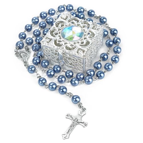 Blue Pearl-Style Rosary Necklace with Metal Gift Box, 8mm, 22 Inch - color: Blue