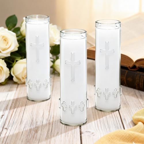 3 Pcs Blown Glass White Prayer Candle - Unscented, Smokeless, Long Burning & Safe Religious Catholic Candle for Church, Vigil, Memorial Services, and Daily Prayer - color: White, size: 3