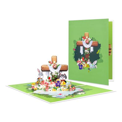 Religious Easter Pop Up Card with Woodgrain Cross, 3D Christian Easter Greeting Card with Rabbit and Floral Eggs, Faith-Inspired Family Easter Gift - color: Cross&Bunnies