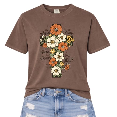 Daytee Christian Floral Cross Shirt Garment Dyed Faith Tee Inspirational Jesus Shirt Religious Flower Graphic Shirt - size: Medium