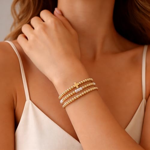 Gold Bracelets for Women Jewelry - Easter Basket Stuffers, Cross/Pearl/Beaded Bracelets Set, Dainty 14K Gold Plated Beaded Bracelets Stack, Birthday Easter Gifts for Women - color: 1Cross+1Bead+1Pearl