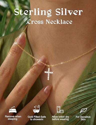 JeryWe 925 Sterling Silver Cross Necklace for Women Dainty Gold/White Gold Plated Necklace for Women Non Tarnish Cubic Zircon Cross Pendant Necklaces Christian Baptism Religious Faith Jewelry Gift - color: 14K Gold Plated