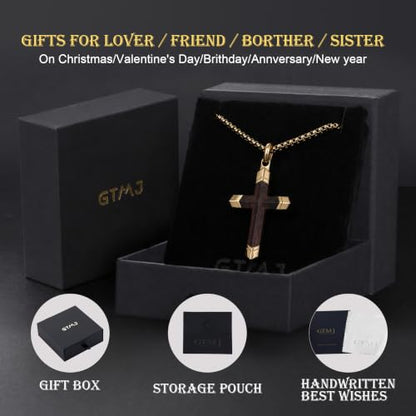 Wooden Cross Necklace for Men with Stainless Steel Adjustable Chain 24-26in, Christian Wood Crucifix Pendant Gift for Him - style: Gold Ebony