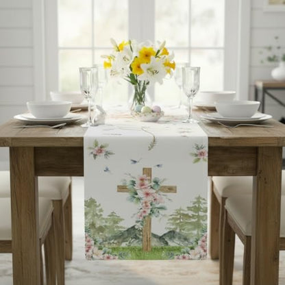 Easter Table Runner 13 x 72 Inch, Rustic Wood Cross with Spring Floral Design, He is Risen Religious Table Decor, Modern Farmhouse Kitchen Dining Runner for Easter Sunday & Family Party - style: Rustic Floral Cross