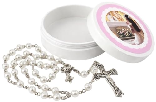 Westmon Works First Holy Communion Rosary Gift Set for Girls – Glass Beads Catholic Rosary with Keepsake Case, Chalice Centerpiece & Crucifix – Religious Communion Gift