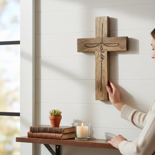 Handmade Mango Wood Cross Wall Decor 12x18 Inch Natural Finish with Faith Laser Burnt Design Rustic Wooden Christian Cross for Farmhouse Wall Hanging Religious Home Church