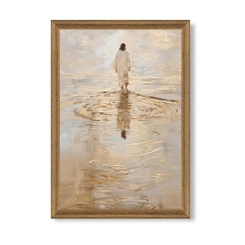 Fantasy Artists Christian Wall Art – Jesus Walking on Water Inspirational Painting, Warm Gold Faith Artwork for Home & Prayer Room, Religious Decor Symbolizing Hope, Trust & Divine Strength, 16W X 24H - color: Golden Jesus, size: 24"L x 16"W