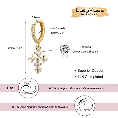 DAILY VIBES Cute Gold Mini Dangle Huggie Hoop Earrings for Women Trendy - color: Cross B CZ