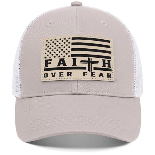 Faith Over Fear Christian Hats for Men Women, American Flag Trucker Hat, Religious Gifts for Thanksgiving Christmas - color: Beige
