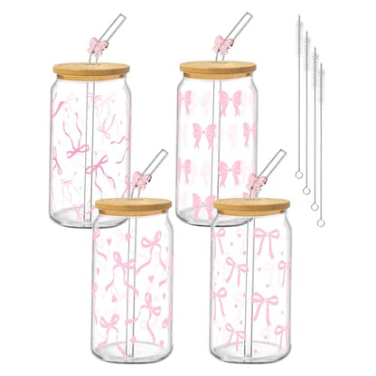 Glass Cups with Lids and Straws, 4Pack, 16oz, Coquette Pink - style: 4Pcs Pink Bow