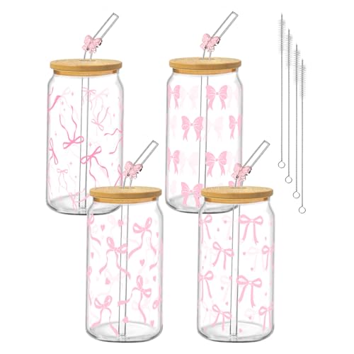 Glass Cups with Lids and Straws, 4Pack, 16oz, Coquette Pink - style: 4Pcs Pink Bow