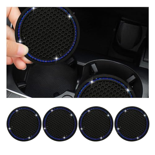 Dickno 4 PCS Bling Car Cup Coaster, 2.75 Inch Crystal Rhinestone Auto Cup Holder Insert Coaster, Anti-Slip Durable Car Drink Cup Mat, Universal Vehicle Interior Decor Accessories (Black & Blue) - color: Black+blue, size: 4 PCS
