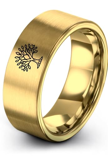 Gift for Spiritual Person - Tree Of Life Ring - Anniversary Wedding - Silver Yellow Rose Gold Gunmetal - Flat Dome Bevel - Personalized Custom Engraving - Band - Brushed Polished - 8mm - Men Women - T - color: 15 - Yellow Gold Tungsten