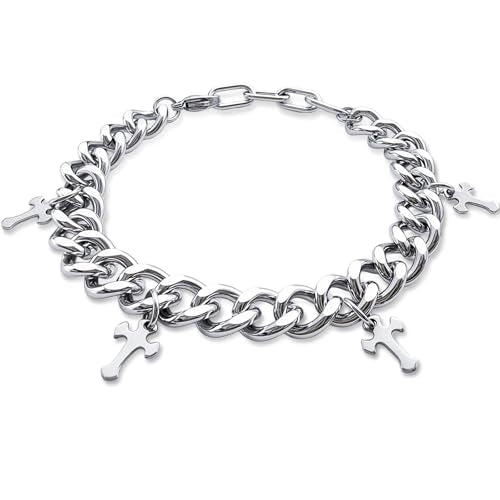 Silver Creed Cross Bracelet For Men Women, Adjustable Cuban Link Stainless Steel Chain Bracelets with Four Cross Charms, Religious Christian Gift for Boyfriend Dad and Son