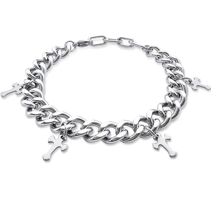 Silver Creed Cross Bracelet For Men Women, Adjustable Cuban Link Stainless Steel Chain Bracelets with Four Cross Charms, Religious Christian Gift for Boyfriend Dad and Son