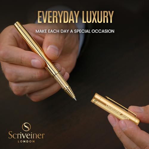 Scriveiner Personalized Gold Rollerball Pen - Stunning Luxury Pen, Real Gold Plating, Schmidt Ink Refill, Best Engraved Roller Ball Gift Set for Men & Women, Custom Name Engraving - color: Gold (Personalized)