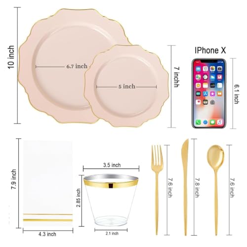 WDF 175Pcs Pink Plastic Plates - Pink and Gold Plates Disposable 25guest Plastic Dinnerware Ideal for Bridal Shower/Wedding/Baby Shower/Fall Party/Thanksgivng - color: Pink and Gold, size: 175 pieces