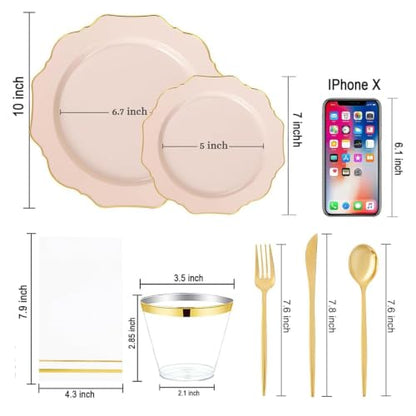 WDF 175Pcs Pink Plastic Plates - Pink and Gold Plates Disposable 25guest Plastic Dinnerware Ideal for Bridal Shower/Wedding/Baby Shower/Fall Party/Thanksgivng - color: Pink and Gold, size: 175 pieces