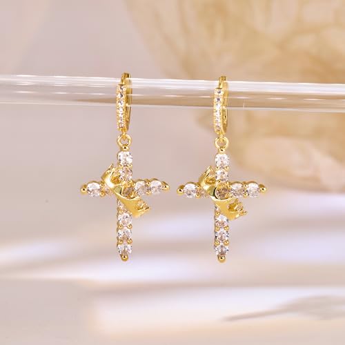 Crown Cross Earrings for Women Gold Cross Hoop Earrings Silver Crystal Crown Huggie Earring Dainty Cute Religious Dangle Earring Trendy Jewelry Accessories - color: gold