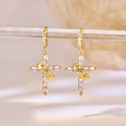 Crown Cross Earrings for Women Gold Cross Hoop Earrings Silver Crystal Crown Huggie Earring Dainty Cute Religious Dangle Earring Trendy Jewelry Accessories - color: gold