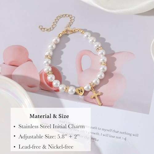 enasal First Communion Gifts for Girls Teens, Initial A-Z Cross Pearl Bracelet for Christian Catholic Daughter Goddaughter - color: Initial-K
