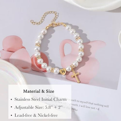 enasal First Communion Gifts for Girls Teens, Initial A-Z Cross Pearl Bracelet for Christian Catholic Daughter Goddaughter - color: Initial-S