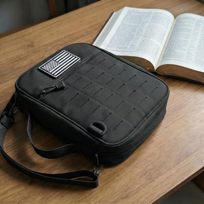 Tactical Bible Cover for Men, Large Bible Case with Shoulder Strap & US Flag Patch, Water Resistant Bible Carrier Bag with Handle, Multi Pockets for Church Study & Travel（Black） - color: Black