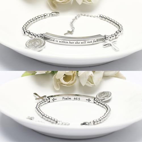 DS Women Christian Charm Bracelet,Cross Scripture Stainless Steel Jewelry - style: God is Within Her She Will Not Fall-Silver