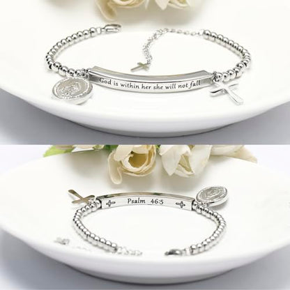 DS Women Christian Charm Bracelet,Cross Scripture Stainless Steel Jewelry - style: God is Within Her She Will Not Fall-Silver