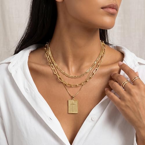 Cross Necklace for Women Girls, 14K Gold Plated Dainty Pendant Necklaces Set, Cute Trendy Faith Christian Religious Everyday Jewelry Gifts Aesthetic Accessories Non Tarnish - color: Triple Layered Box Mix