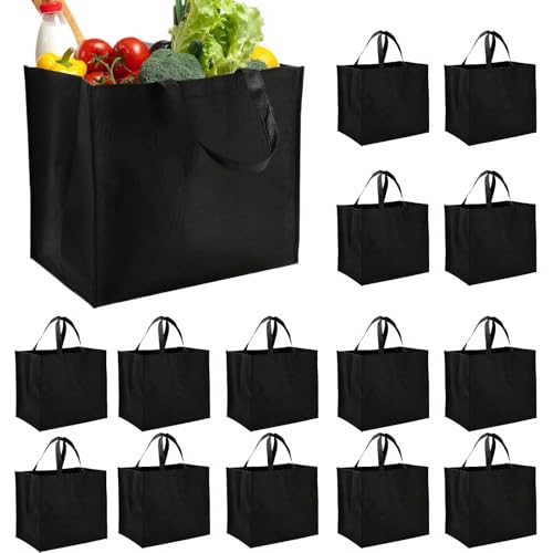 Tosnail 15 Pack Large Reusable Grocery Tote Bags, Foldable Shopping Bags with Durable Handles, Fabric Grocery Carry Bag - Black
