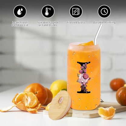 Monogrammed Glass Drinking Cup With Lid Straw Women Thank you Appreciation Gratitude Gifts Female Teacher End of Year School Bus Driver Nurse Pastor Team Mom Coach Crossing Guard Scout Leader Doctor,I - style: Letter I