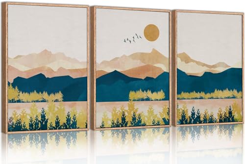 HPINUB Mountain Framed Canvas Wall Art Set, Mid Century Modern Wall Decor, Set of 3 Boho Artwork Nature Art Paintings, Bohemian Art Prints for Living Room, Bedroom, Dining Room, Office-24 x36 x3 - color: Abstract Nature Wall Art, size: 24"L x 36"W