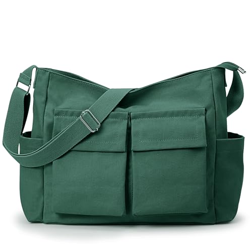 KALIDI Canvas Tote Bag Zipper Large Crossbody Shoulder Bag Messenger Bag - color: Upgraded Dark Green