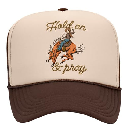 Hold On & Pray Trucker Hat | Christian Jesus God Blessed Faith Cowboy | Premium Snapback Hat for Men & Women - color: Brown/Tan