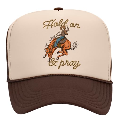 Hold On & Pray Trucker Hat | Christian Jesus God Blessed Faith Cowboy | Premium Snapback Hat for Men & Women - color: Brown/Tan