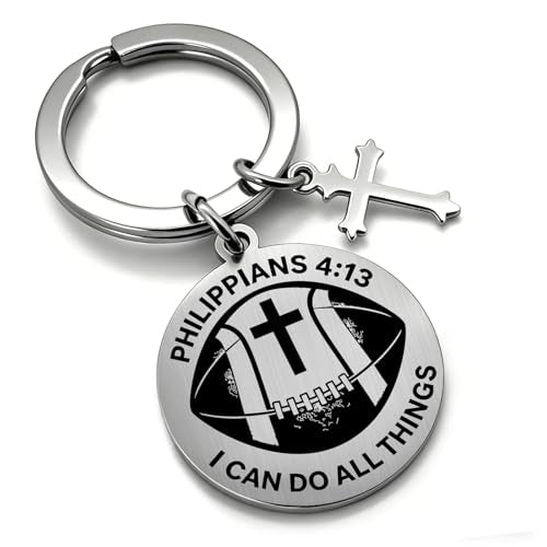 OFlyDesigns Christian Football Sports Keychain, Philippians 4:13 Engraved Inspirational Gift for Men Women Teens - style: Football