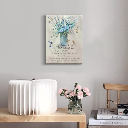 DCMVJHZV Scripture Canvas Wall Art Christian Wall Decor Jeremiah Bible Verse Painting Print Blue Religious Farmhouse Hummingbird Picture Church Living Room Biblical Art Ready to Hang(12"x16") - color: Blue Flower Canvas, size: 16"L x 12"W