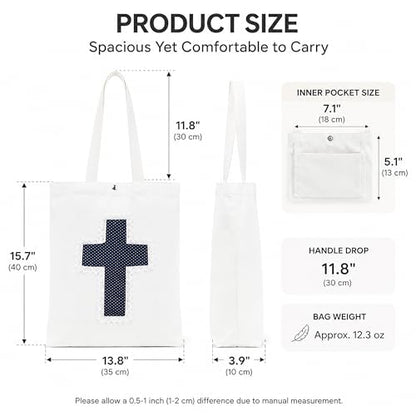 Christian Tote Bag Gift for Women, Canvas Bible Bag Handmade Floral Cross - color: White-navy Polka Dot